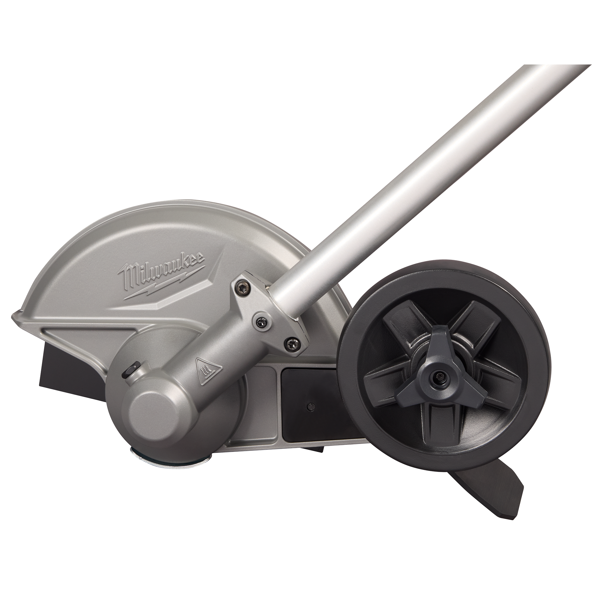 Close-up of silver metal edger blade housing with black support wheel and attached long pole for outdoor power tools