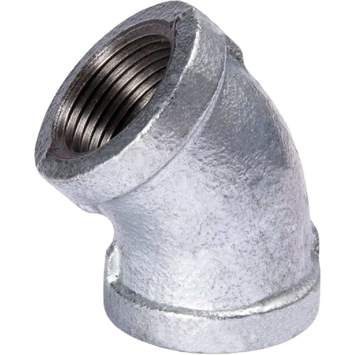 Galvanized iron 45-degree elbow fitting with threaded ends for plumbing and galvanized pipe connections under $50