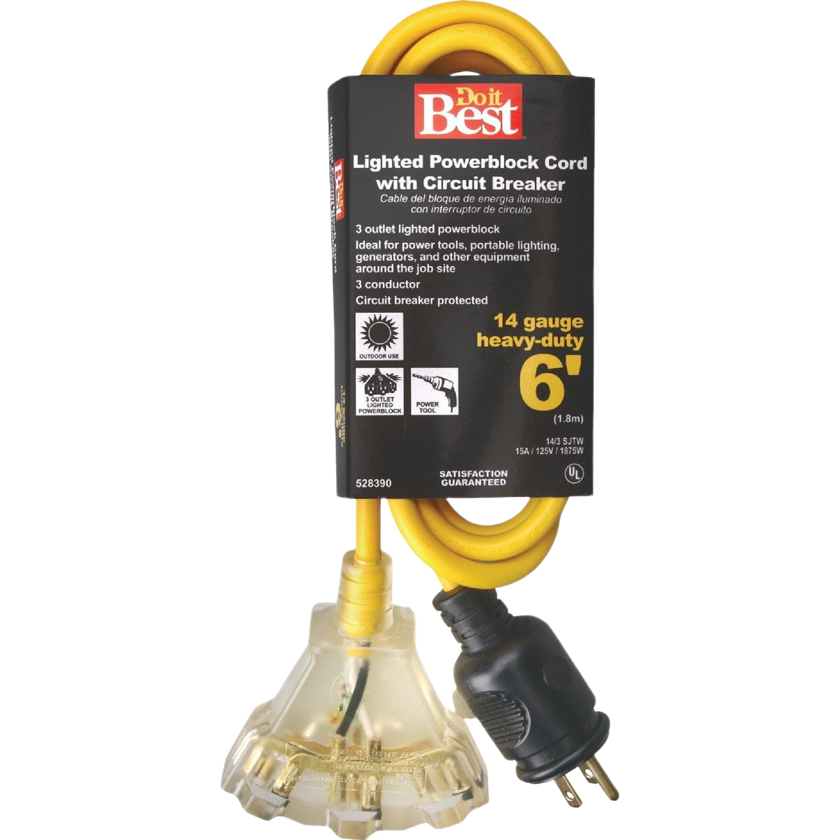 Yellow heavy-duty extension cord with three-outlet power block and circuit breaker protection for tools and home use
