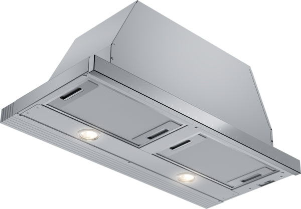 Stainless steel pull-out range hood with built-in lights, designed for modern kitchen and appliance collections.