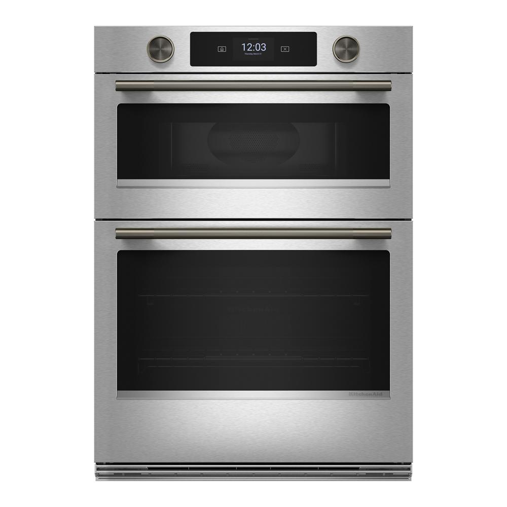 Stainless steel 30-inch smart electric combo wall oven with touchscreen and dual oven windows in appliances collection