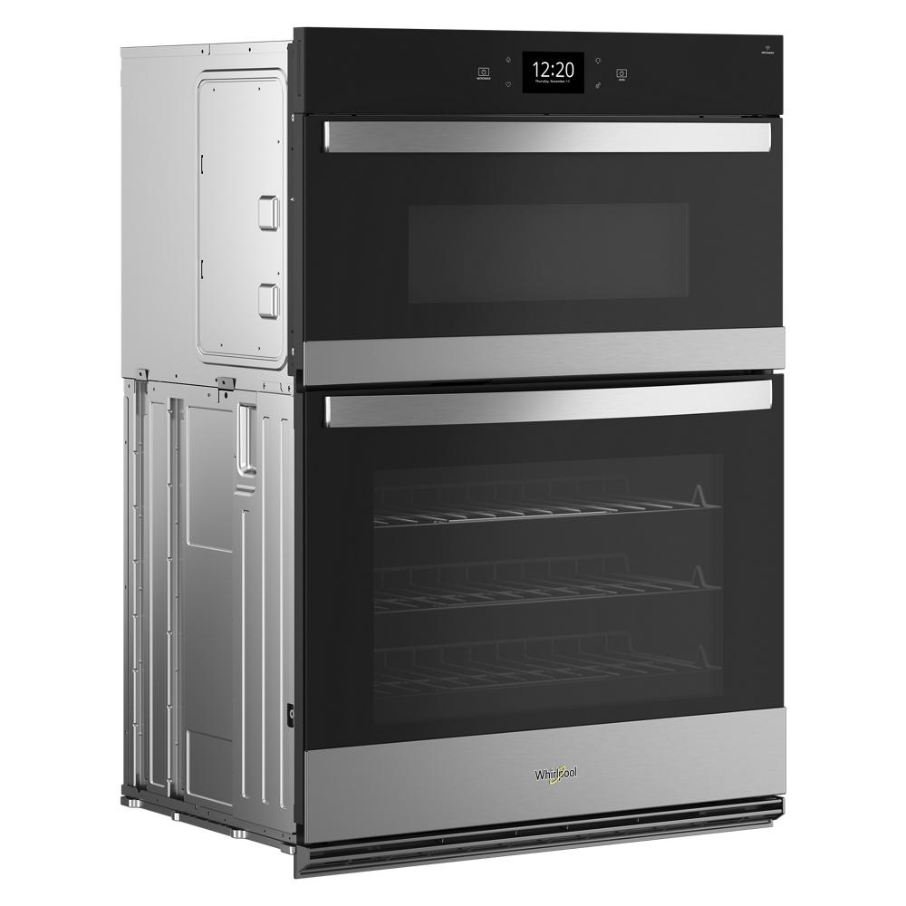 Stainless steel and black glass oven microwave combo with digital display and multiple cooking racks for modern kitchens