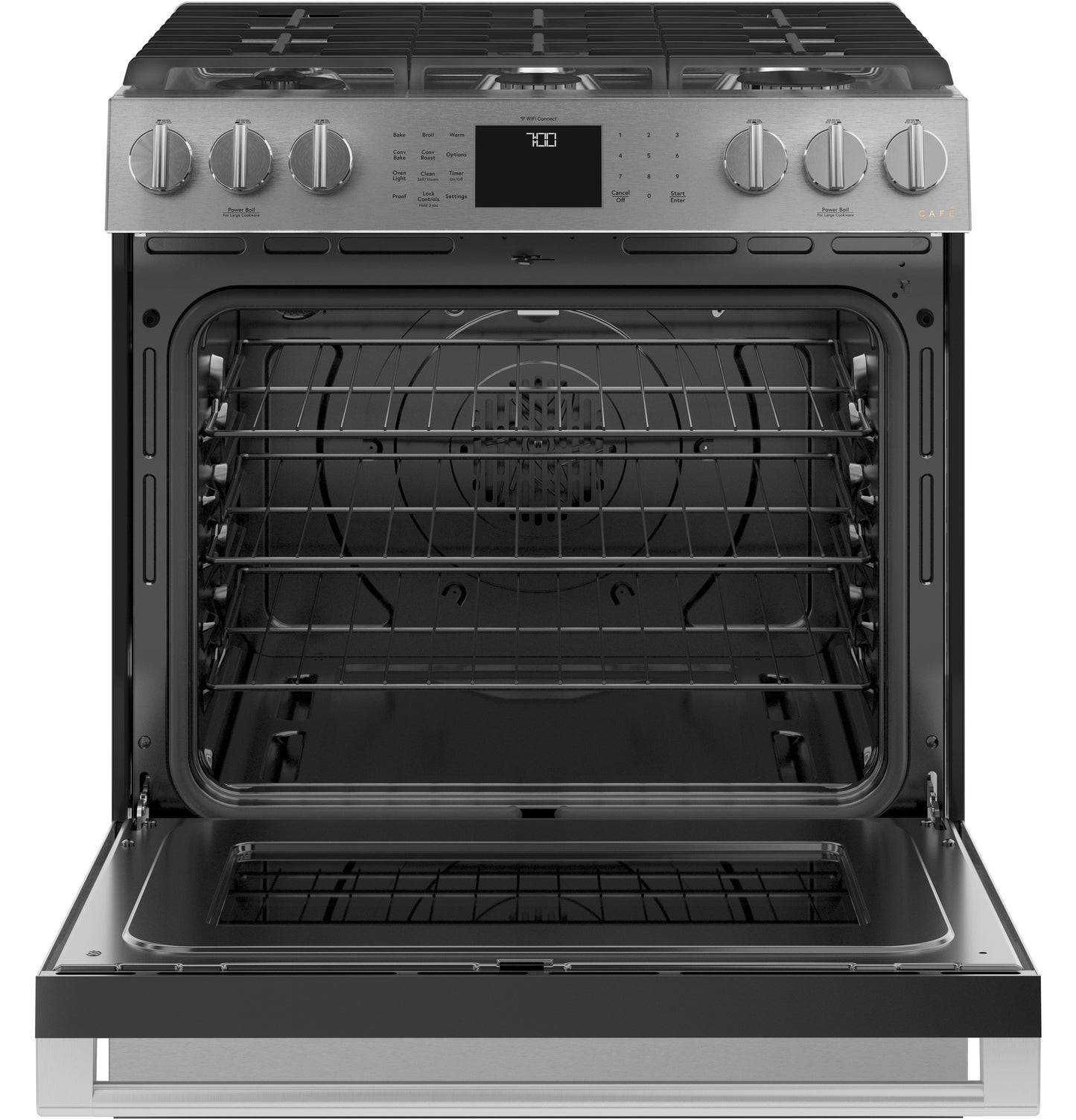 Open gas oven with convection fan and multiple wire racks below stainless steel control panel and knobs from Ranges collection