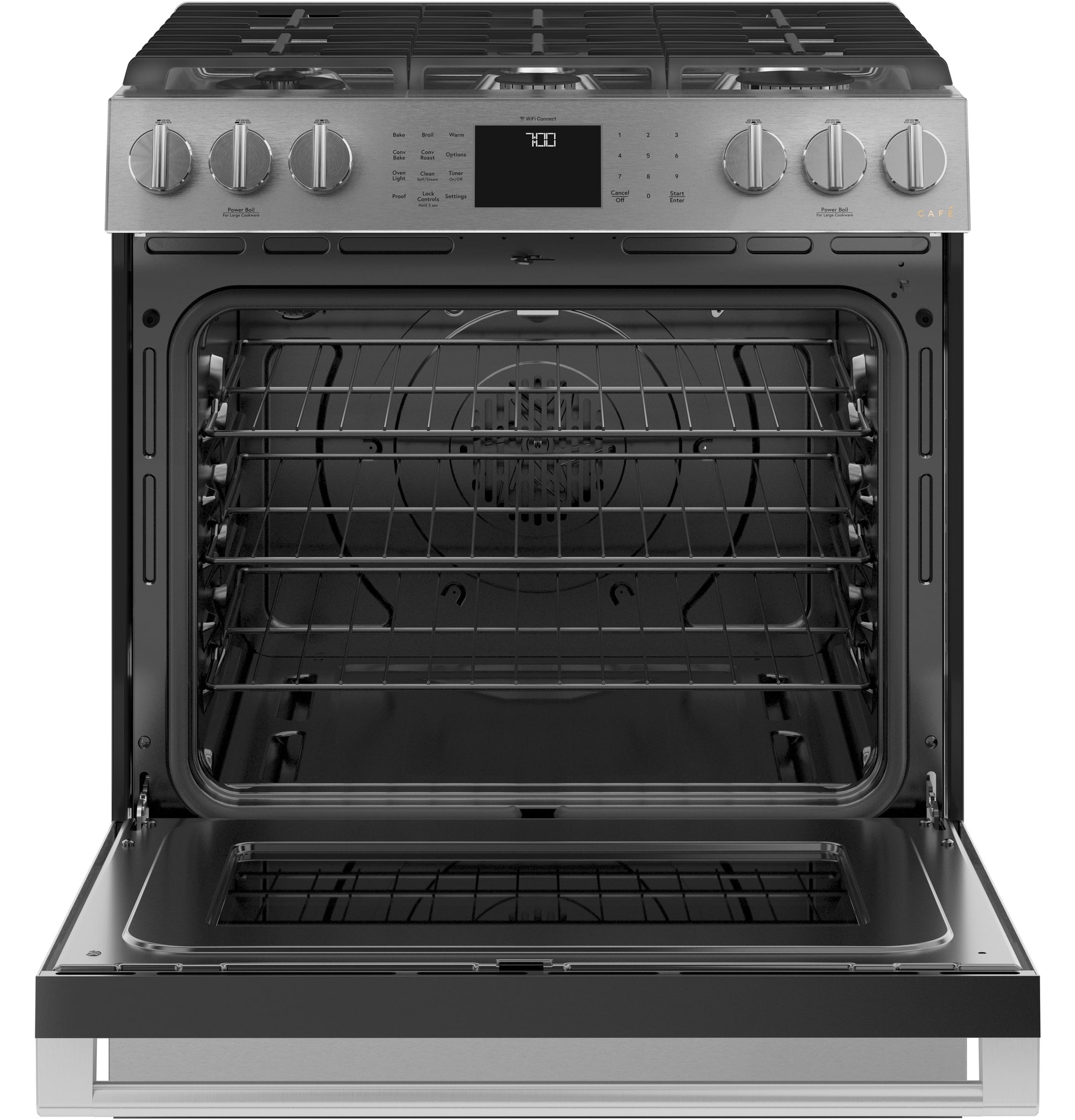 Open gas oven with convection fan and multiple wire racks below stainless steel control panel and knobs from Ranges collection