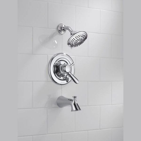 Chrome shower trim with adjustable showerhead, lever handle, and tub spout for bathroom plumbing upgrades