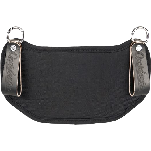 Black leather and fabric hip pad with metal rings designed for comfort in woodworking tool storage and workshop organization.