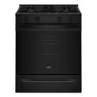 Front view of a black 30-inch Whirlpool gas range featuring four burners and control knobs, ideal for kitchen and home improvement collections.