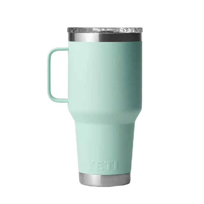 Mint green 30 oz. insulated travel mug with handle and clear Stronghold lid, durable kitchen and outdoor drinkware collection