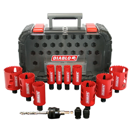 Red bi-metal hole saw set with drill bits and accessories in black carrying case for woodworking tools and home improvement
