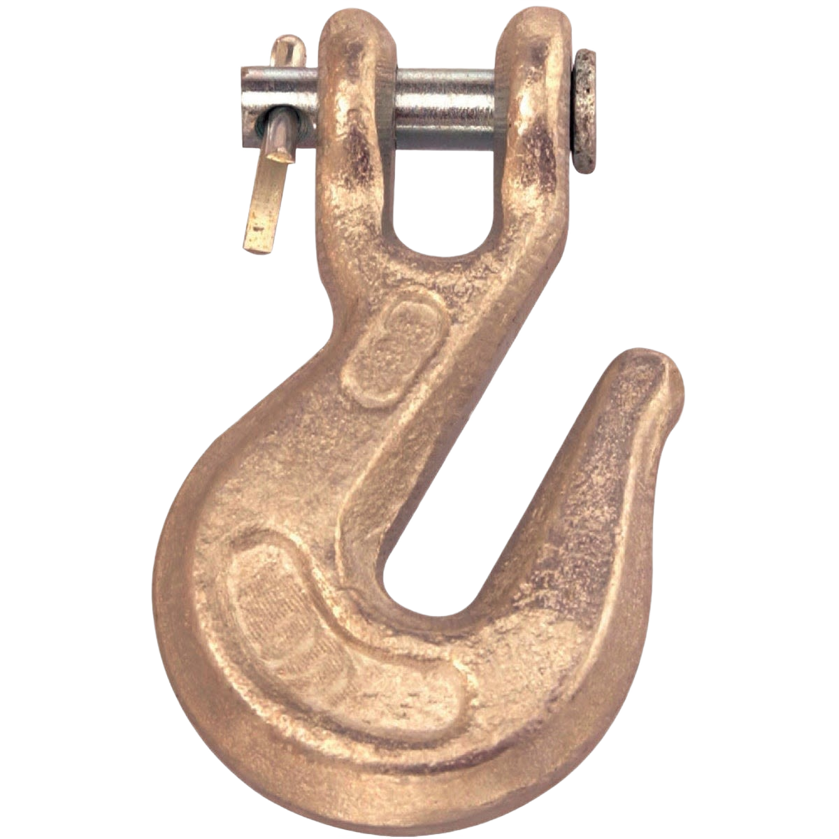Drop-forged clevis grab hook with pin fastener designed for load securing in hardware and fastener applications