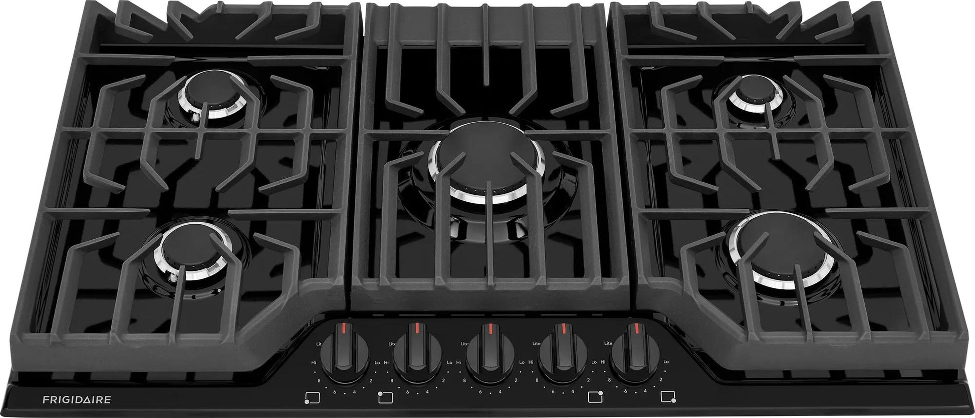 Black five-burner gas cooktop with continuous grates and front control knobs for cooking in kitchen appliances and cooktops collections