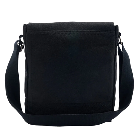 Black durable crossbody bag with adjustable strap made of water-repellent 600 denier polyester for everyday use