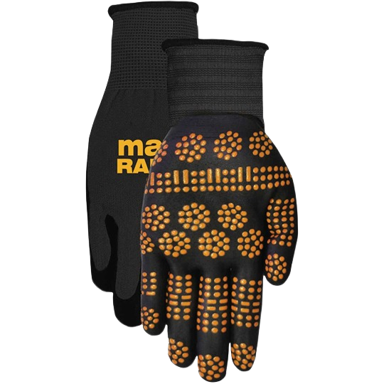 Pair of black nitrile coated work gloves with orange grip dots, designed for safety and home improvement tasks.