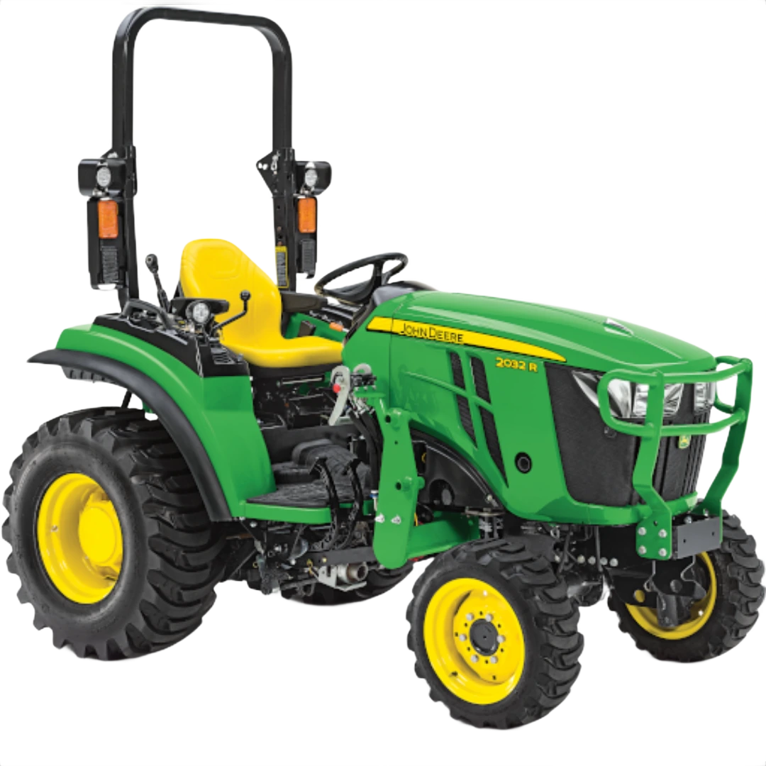 Green and yellow John Deere 2032R sub-compact tractor with rollover protection and durable tires, featured in Outdoor Power Equipment at Hartville Hardware.