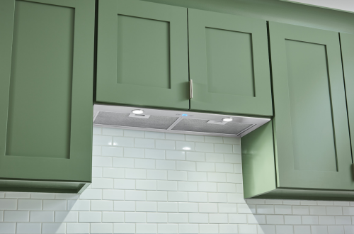 Built-in range hood insert with stainless steel finish and LED lights installed under green kitchen cabinets