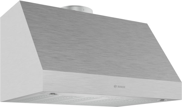 Brushed stainless steel undercabinet range hood with sloped design, part of Bosch kitchen and home improvement appliances collection