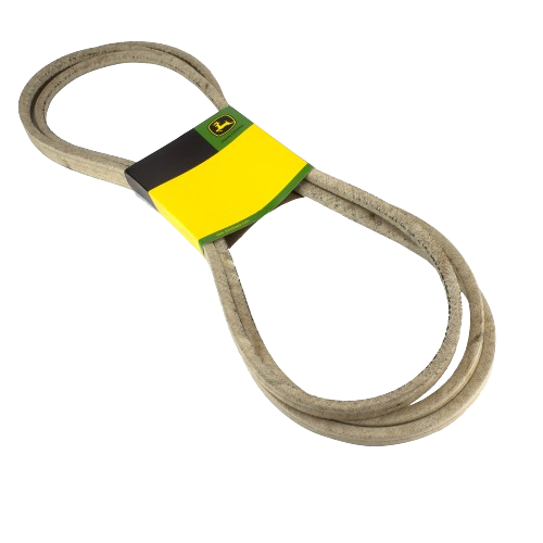 Beige mower deck drive belt with John Deere branded yellow and green packaging for automotive and mechanic tools under $100