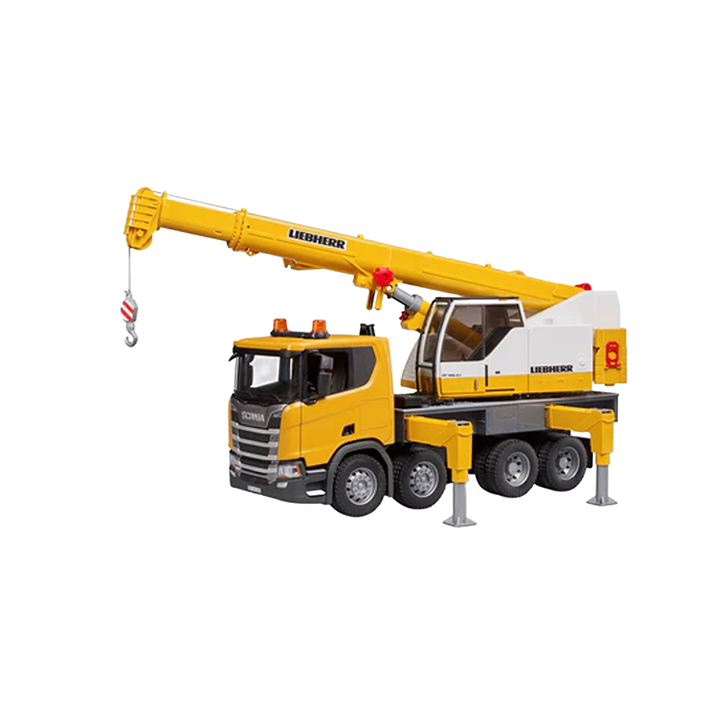 Yellow and white Liebherr crane truck toy with extendable boom and stabilizers from Bruder Toys collection