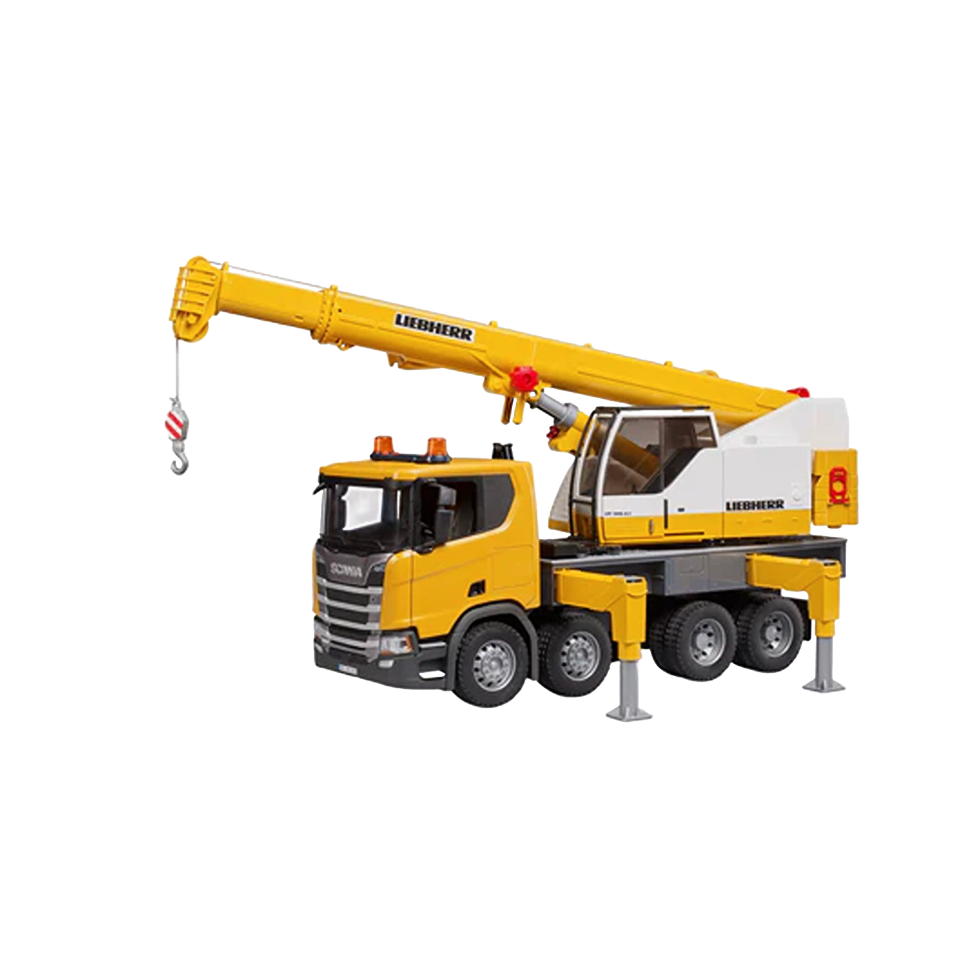 Yellow and white Liebherr crane truck toy with extendable boom and stabilizers from Bruder Toys collection