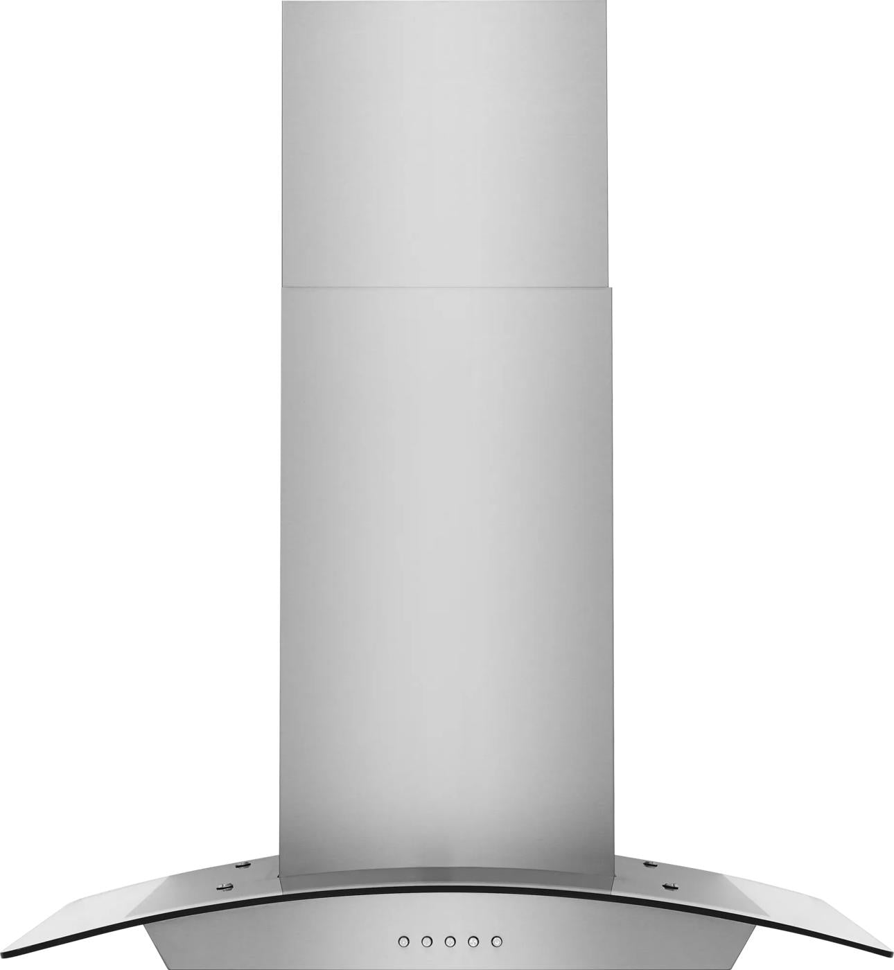 stainless steel 30-inch glass canopy hood with curved design and push button controls for kitchen and home improvement