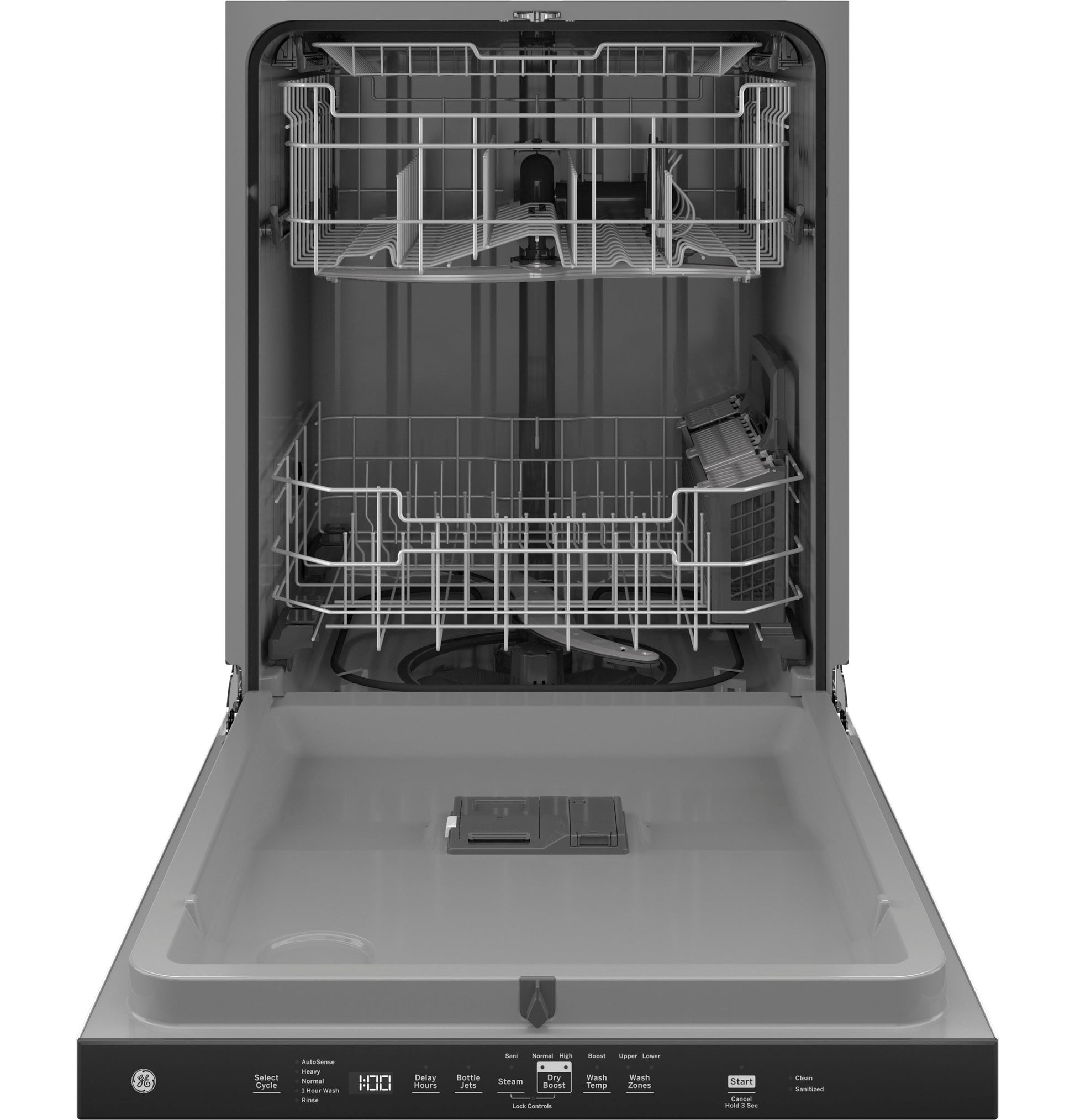 Open GE top control dishwasher showing interior racks and control panel in kitchen appliances and dishwashers collection