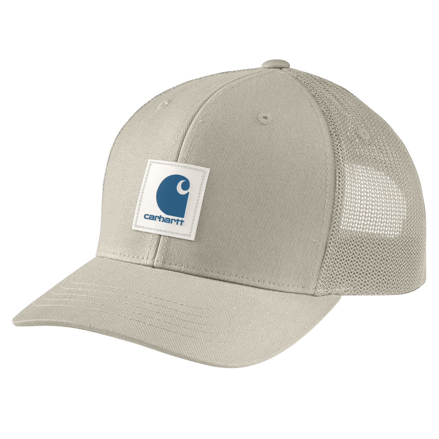 Light beige rugged flex twill cap with mesh back, featured with an adjustable snapback closure and a front logo patch, suitable for men’s accessories.