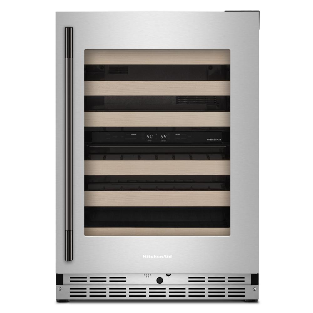 Compact undercounter stainless steel wine cooler with wood-front racks and digital temperature display panel