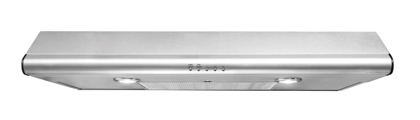 Stainless steel 36-inch overhead range hood with dishwasher-safe washable filter in kitchen appliance collections