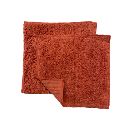 Two rust-colored cotton chenille dish towels with textured and looped surfaces for kitchen use