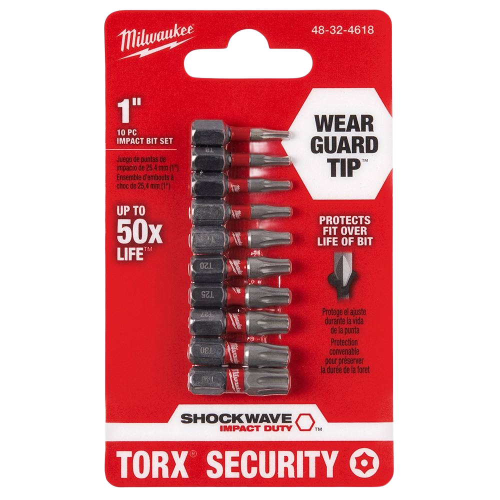 Set of 10 Milwaukee SHOCKWAVE impact duty TORX bits with Wear Guard Tip for enhanced durability in tool accessories collection