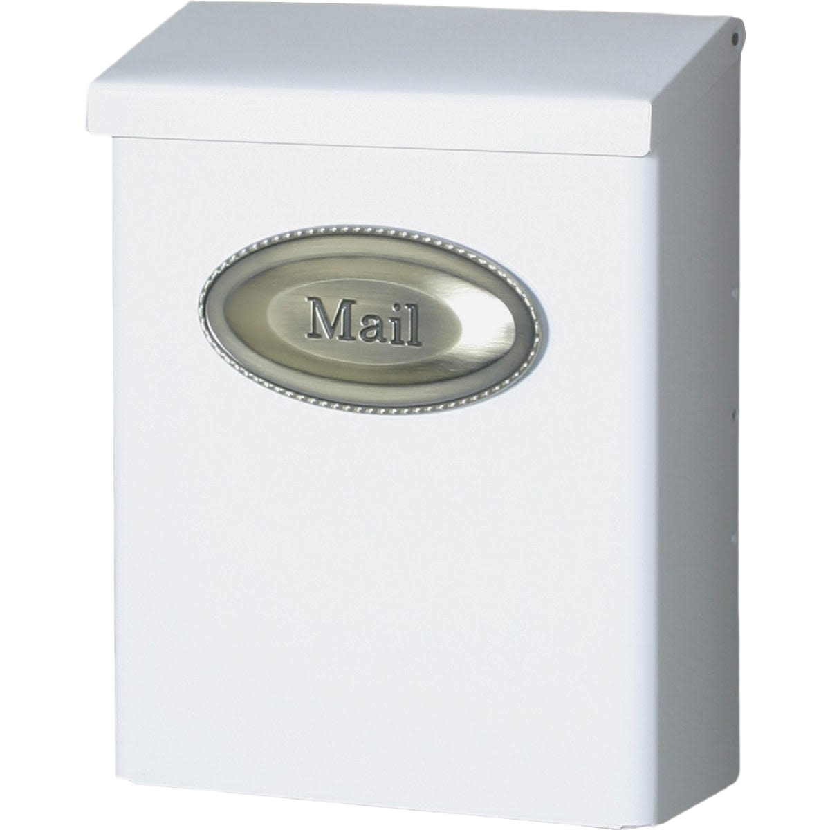 White vertical mailbox with metal mail label and top lid for secure home mail storage
