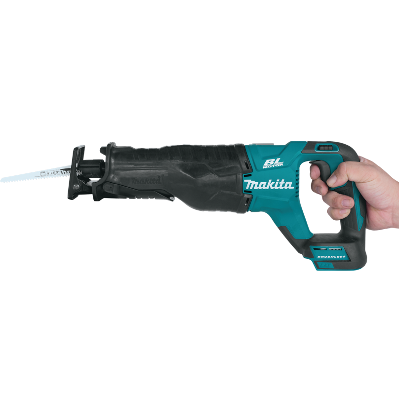 Cordless reciprocating saw with brushless motor held in hand, part of Makita woodworking and power tools collection