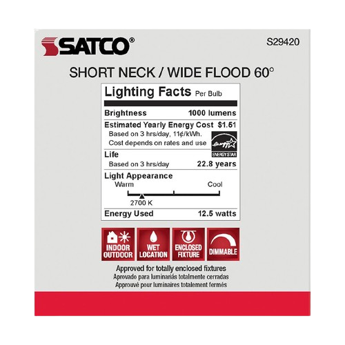 Satco LED floodlight bulb packaging showing energy use, brightness, dimmable feature, and indoor/outdoor suitability