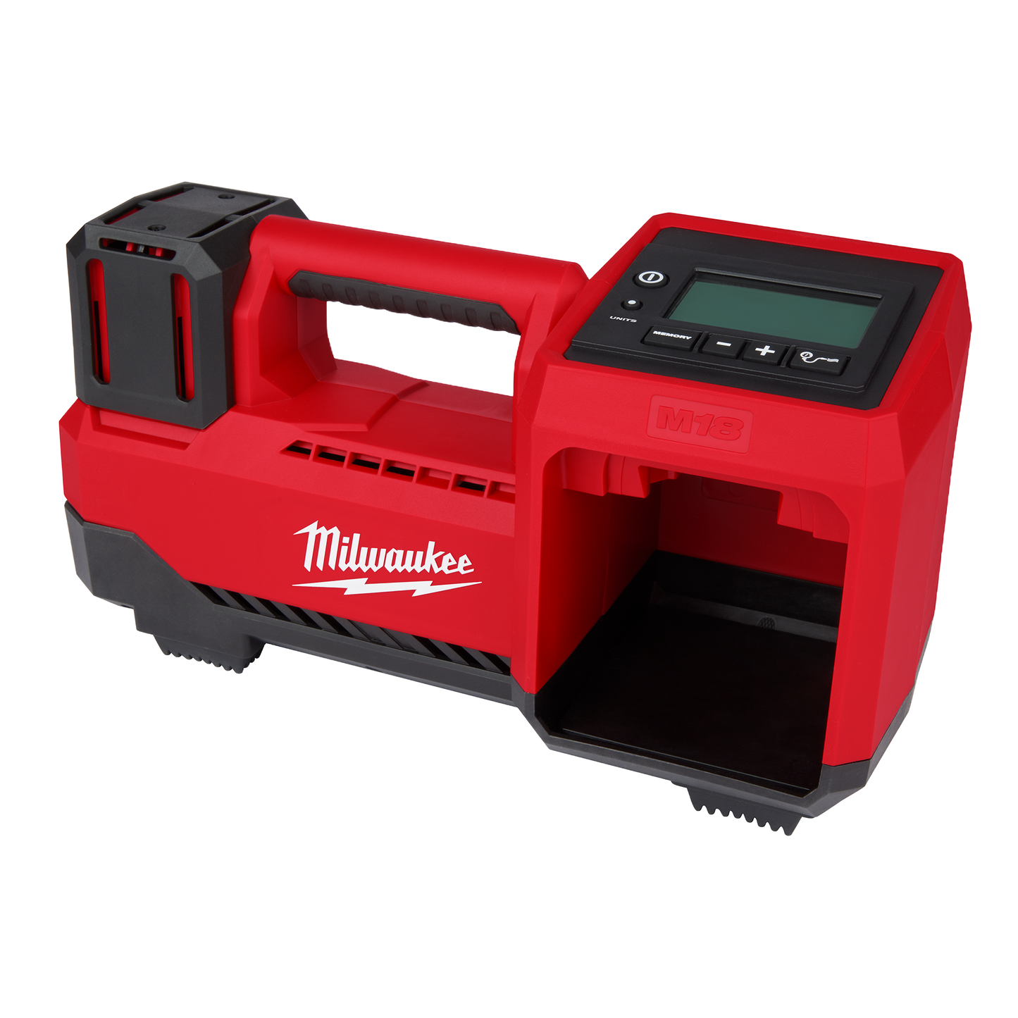 Red cordless tire inflator with digital display and ergonomic handle designed for tools and home improvement use