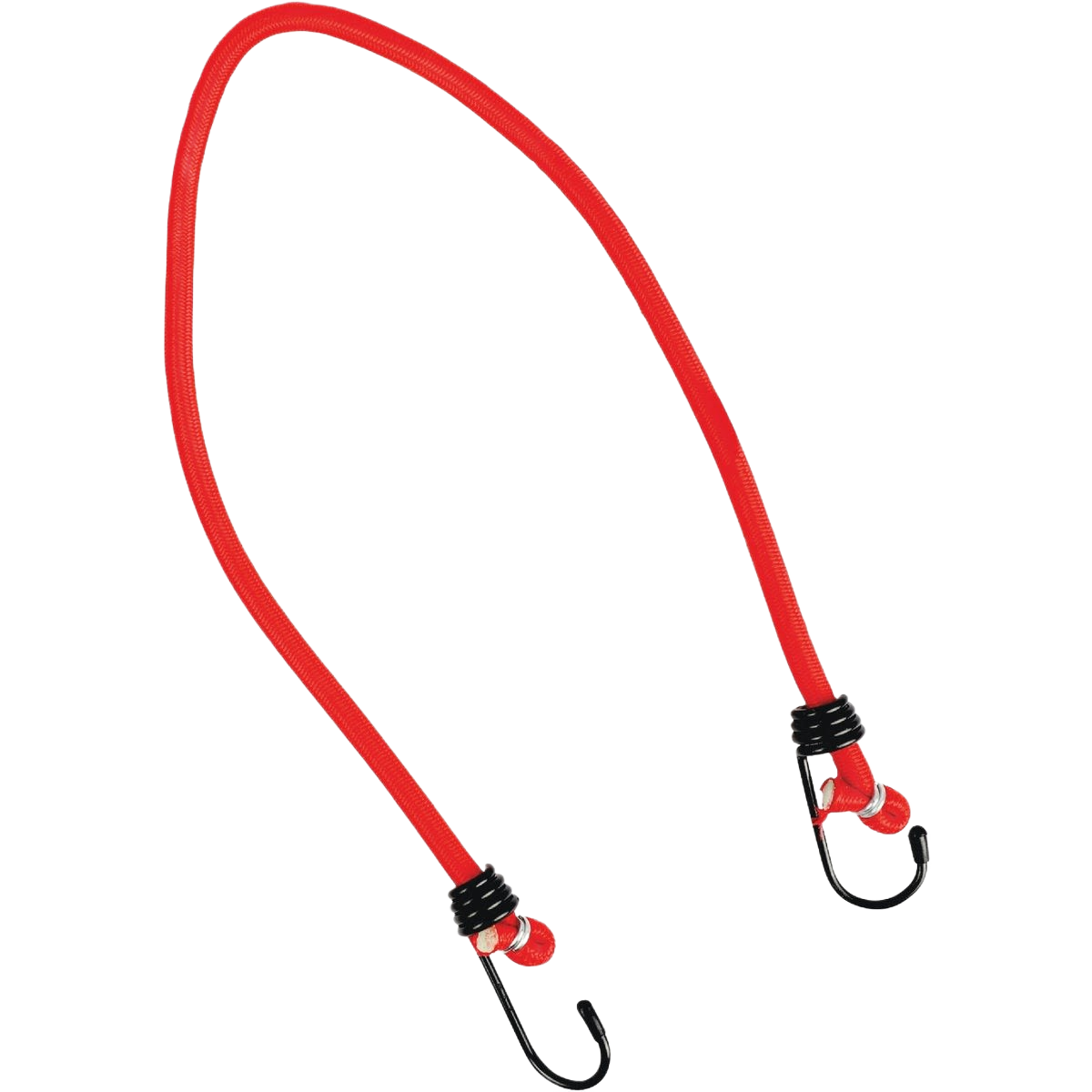 Red elastic bungee cord with metal hooks on each end for securing items in tools and home improvement tasks