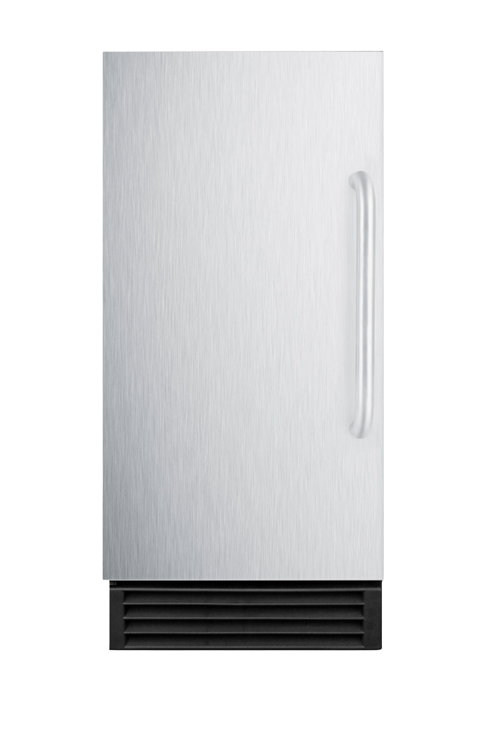 Under-counter clear icemaker with brushed stainless steel door, ergonomic handle, and front ventilation, part of Refrigerators and Kitchen & Kitchenware collections.