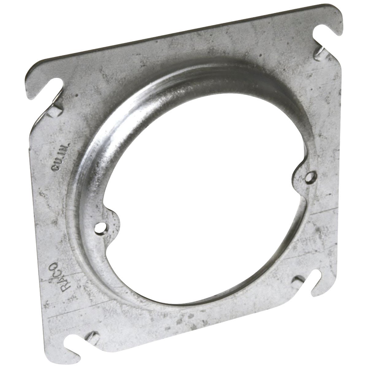 Galvanized square metal cover with raised round opening for electrical boxes in boxes and brackets collection