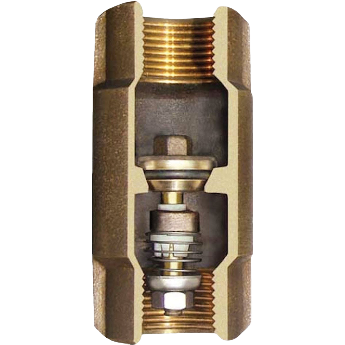 Lead-free brass check valve with threaded connections and internal spring mechanism for home improvement tasks