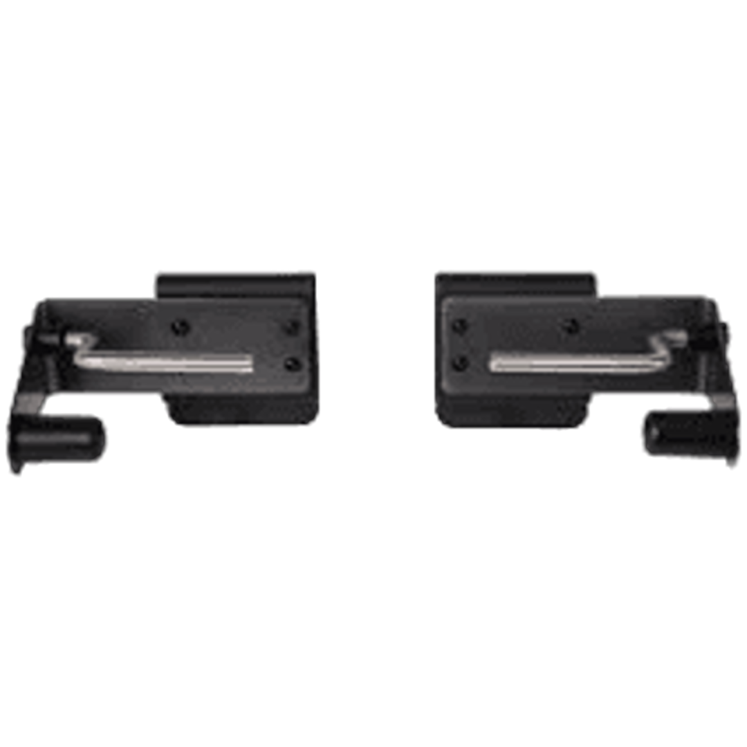 Pair of black metal mounting brackets with silver locking levers for grill accessories and outdoor living setups