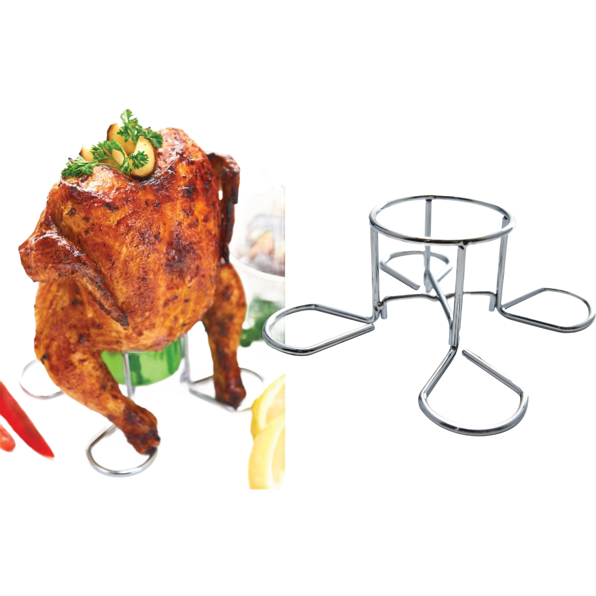 Chrome heavy duty chicken roaster stand designed for stable beer can chicken grilling in outdoor living collections