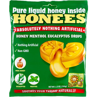 Green package of Honees honey menthol eucalyptus drops with natural ingredients for soothing throat relief