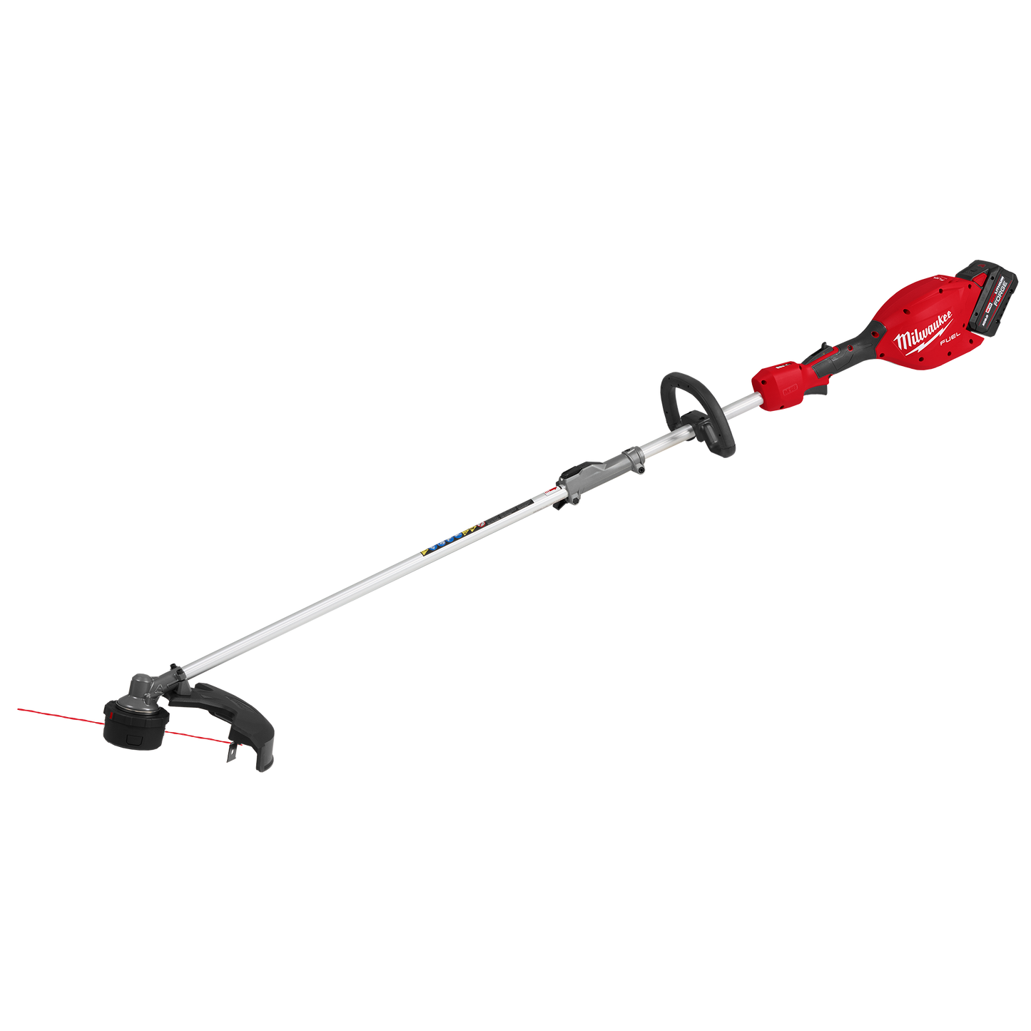Red and black cordless string trimmer with adjustable shaft and QUIK-LOK system for tools and home improvement use
