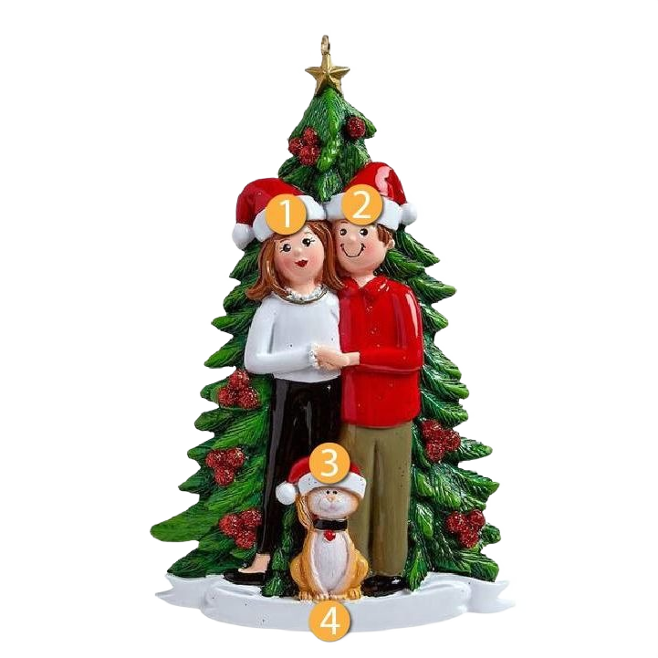 Personalized festive couple and cat figurine in holiday hats in front of decorated Christmas tree ornament for seasonal decor collection