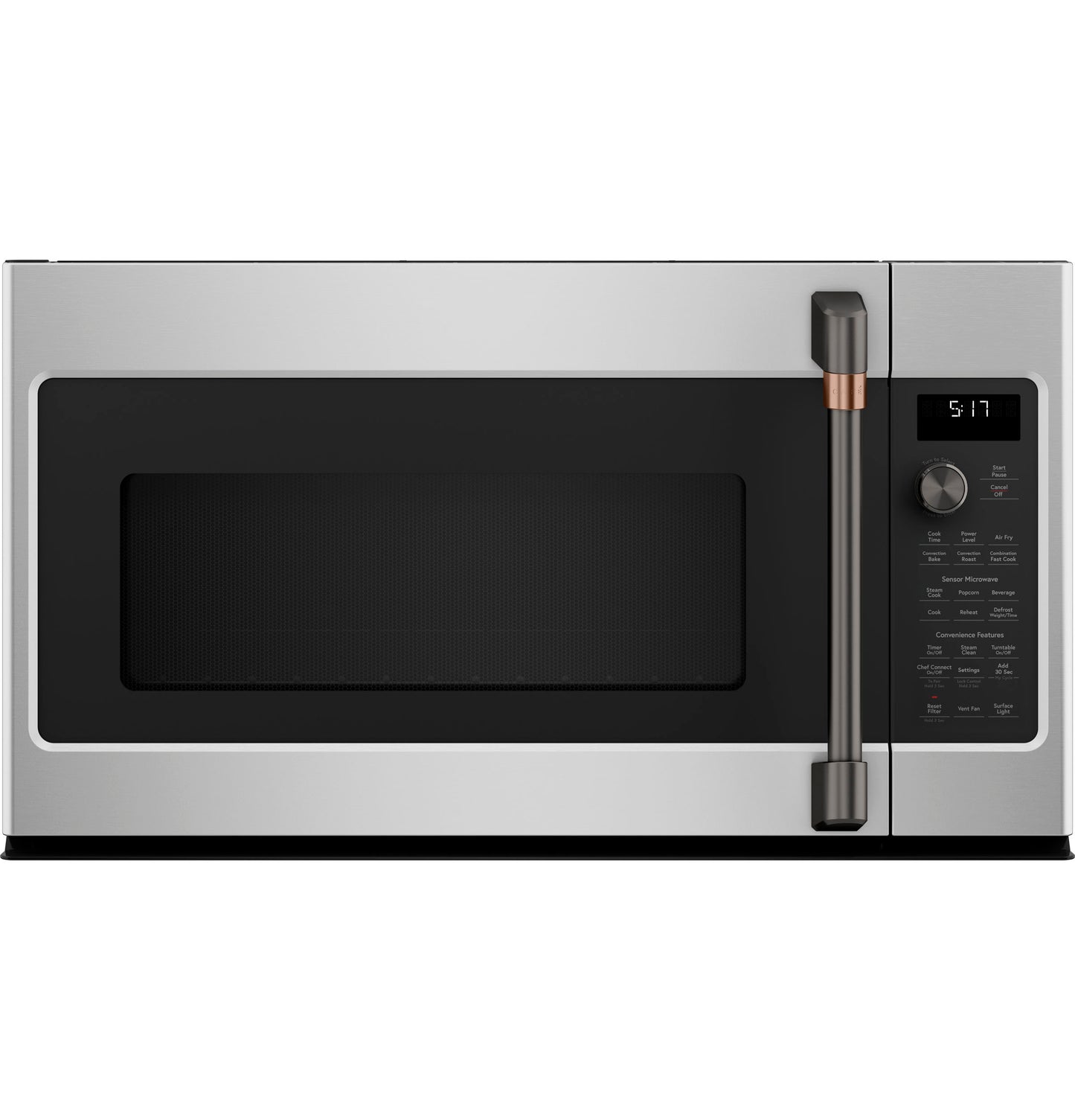 Over-the-range microwave oven in stainless steel with black glass door and control panel featuring a handle with copper accent