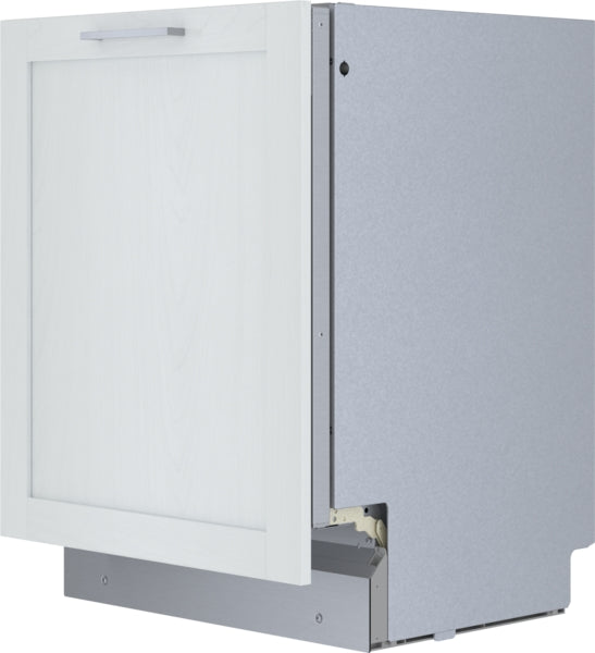 Built-in 24-inch dishwasher with white wood panel door and stainless steel base from Bosch appliances collection