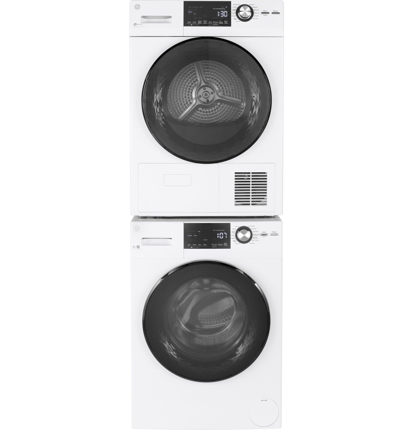 White front load washer and dryer pair with digital controls from the Washers & Dryers and Appliances collections