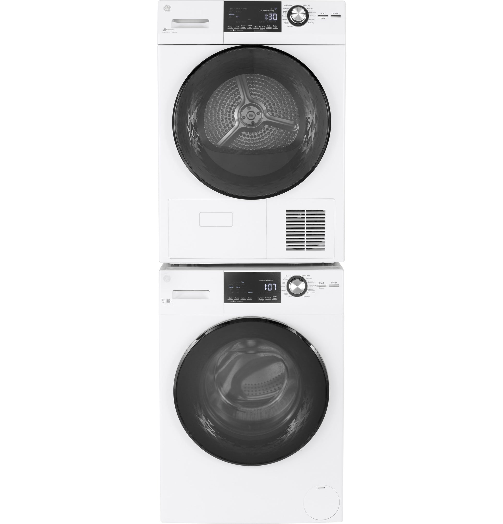White front load washer and dryer pair with digital controls from the Washers & Dryers and Appliances collections