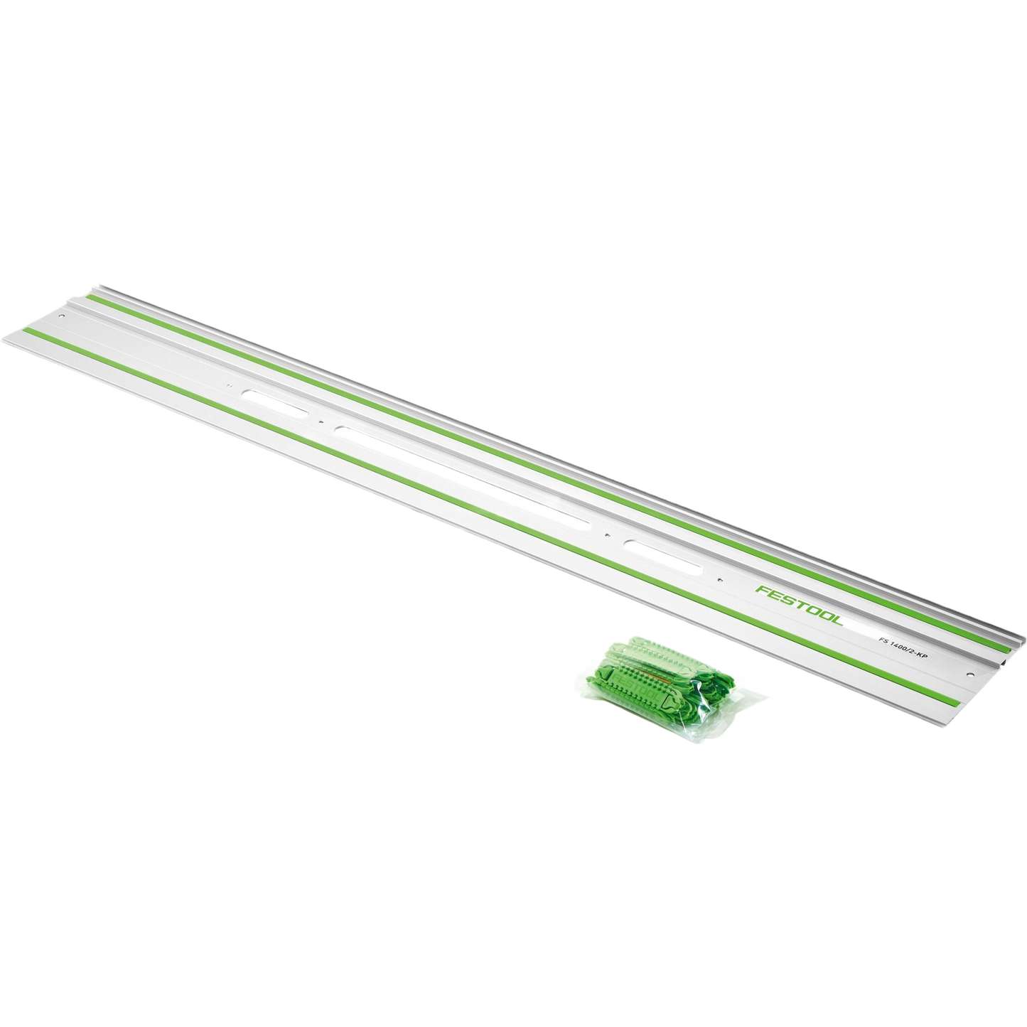 Long aluminum guide rail with green accents and mounting accessories for woodworking and power tool applications