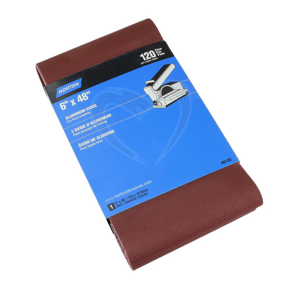 Brown abrasive sanding belt with 120-grit coating for woodworking tool accessories and home improvement tasks