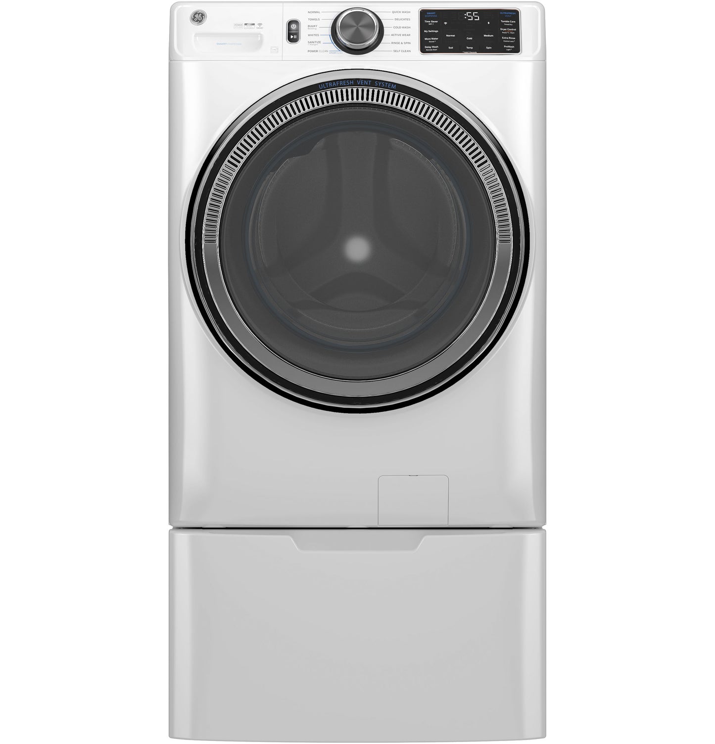 White smart front load steam washer with digital controls and large round door in Washers & Dryers collection